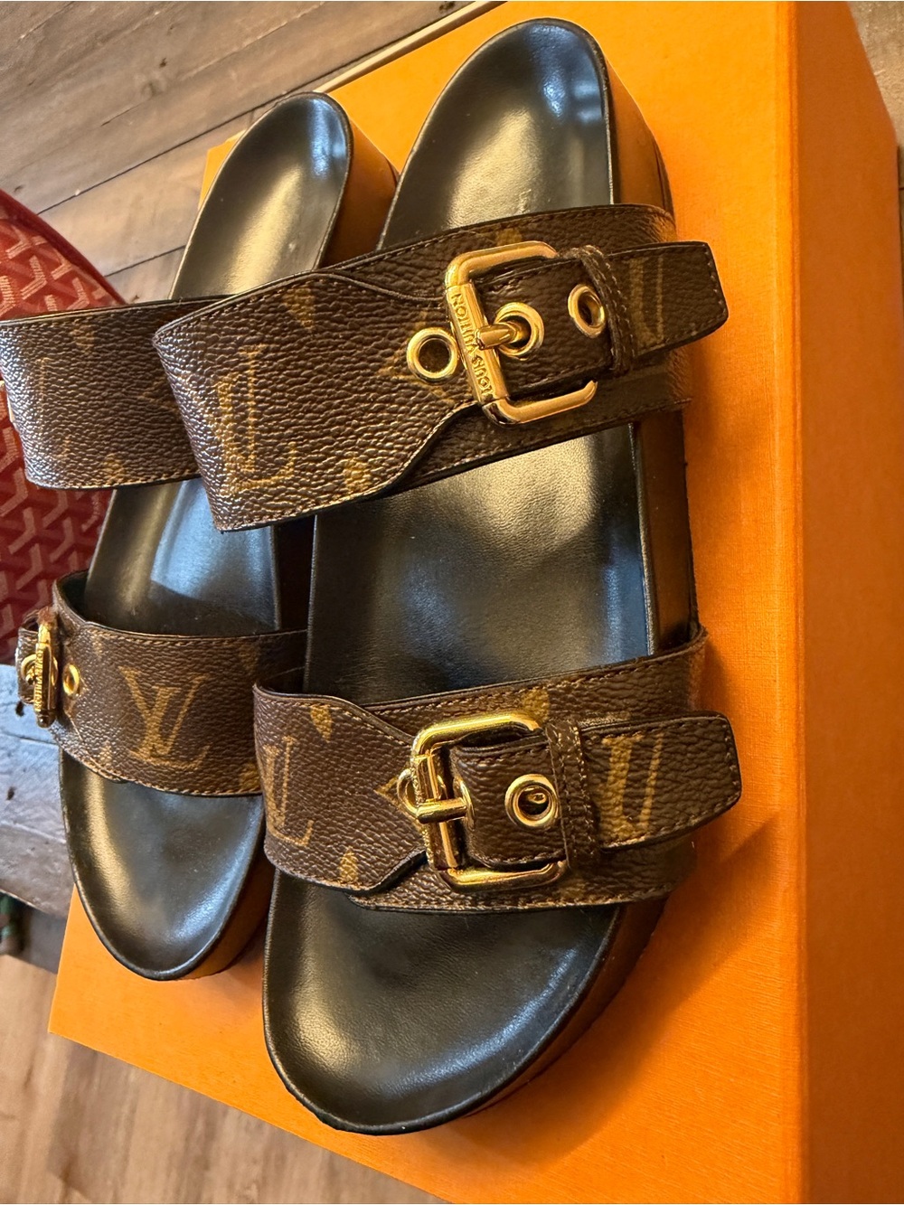 Louis Vuitton Brown Monogram Double-Buckle Slide Sandals - Picture 2 of 6